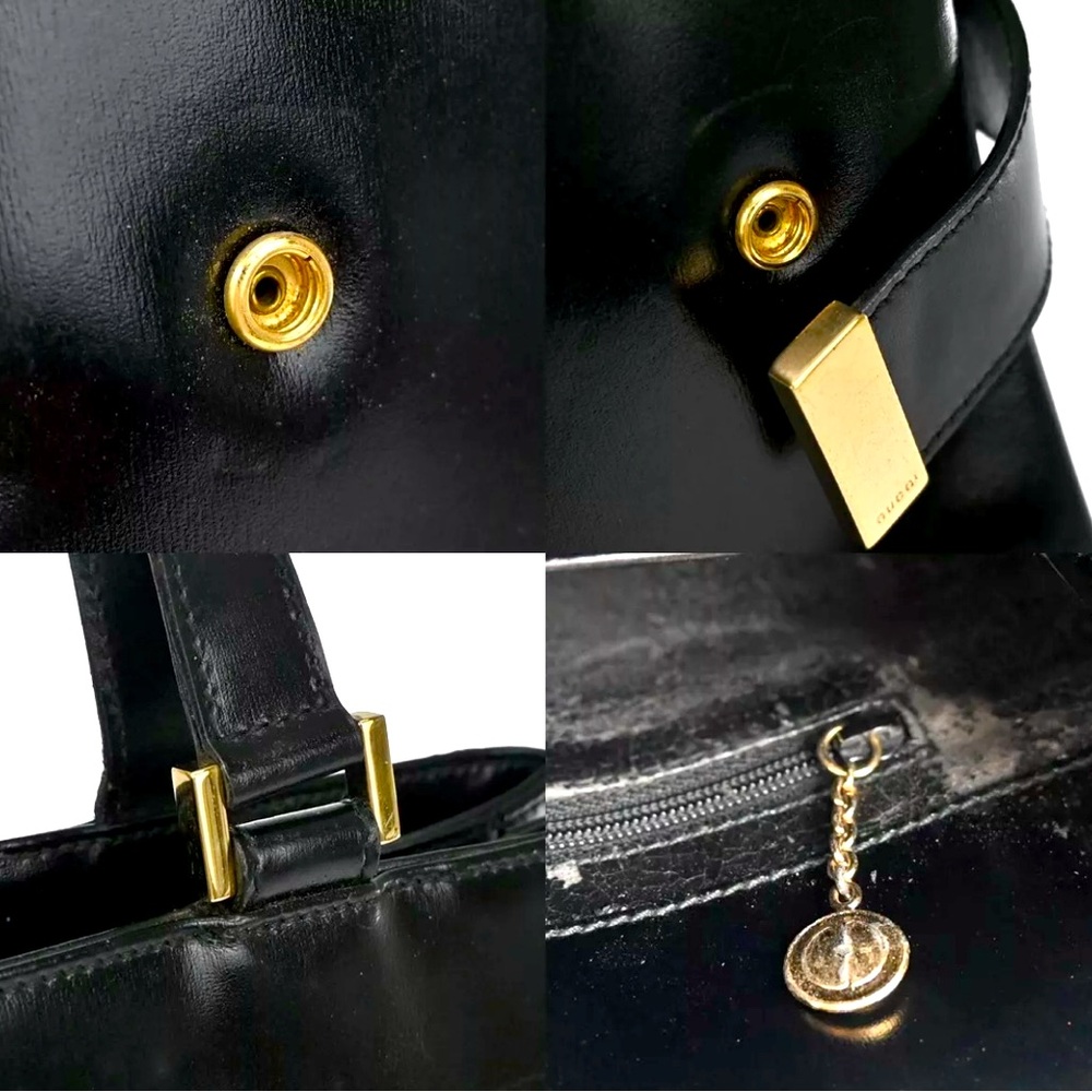 GUCCI Logo Tote Hand Bag  Leather Black Gold Made In Italy Vintage 💕💕 - Picture 10 of 12
